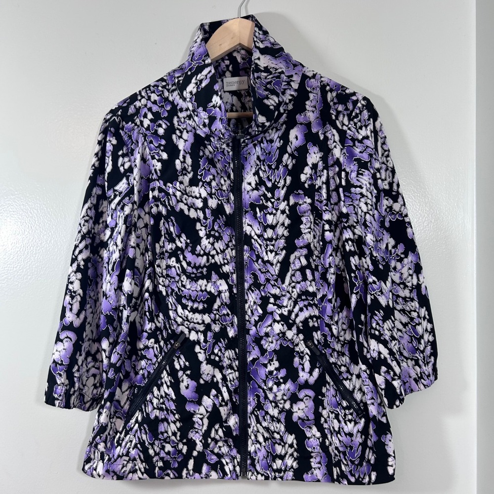 Chicos Zenergy Purple Black Abstract Floral Zip Up Jacket Mock Neck Size 2 Large